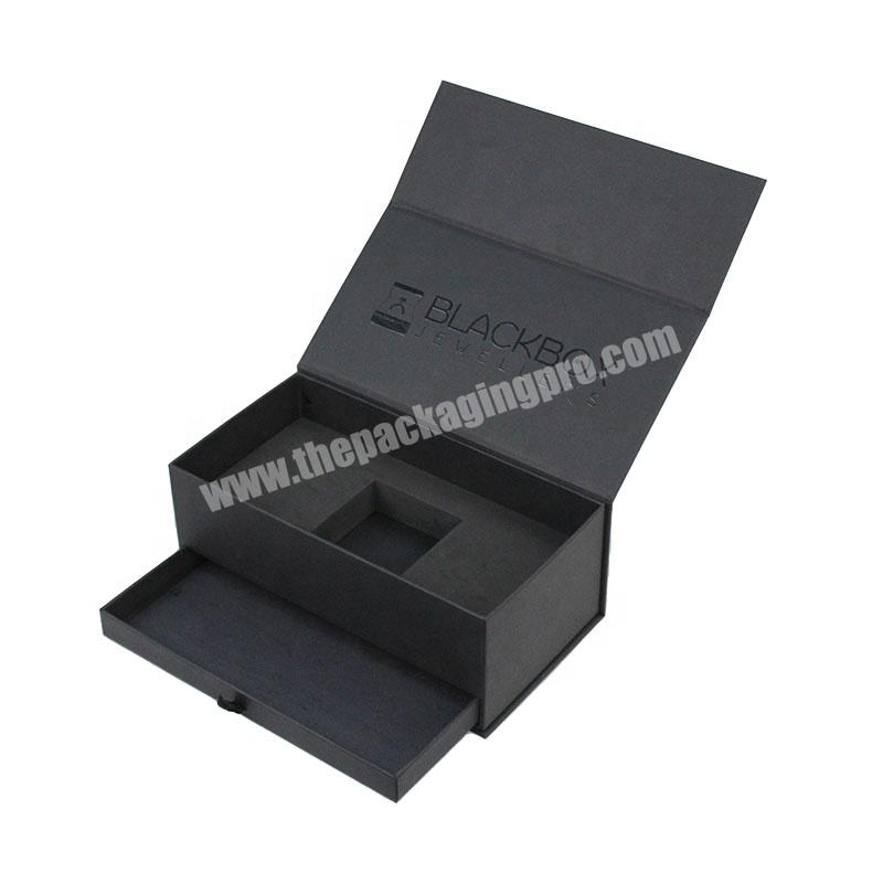 Luxury Black Book Shaped Rigid Cardboard Custom Magnetic Black Gift Box With Drawer