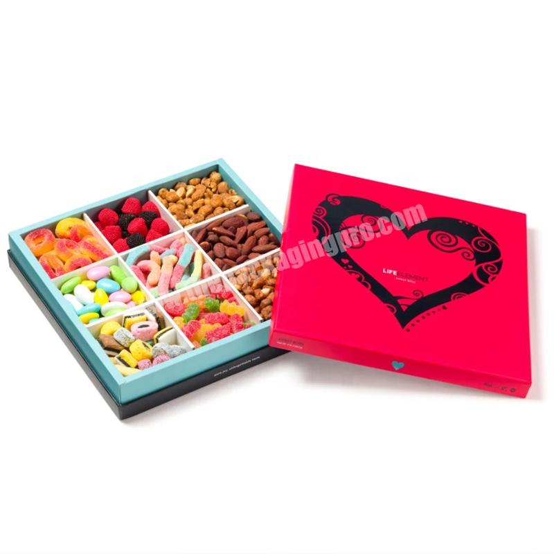 Luxury Christmas New Year Candy and Nuts Snack Cardboard Gift Packaging Paper Box Square Wedding Candy Box with Lid Red Folders