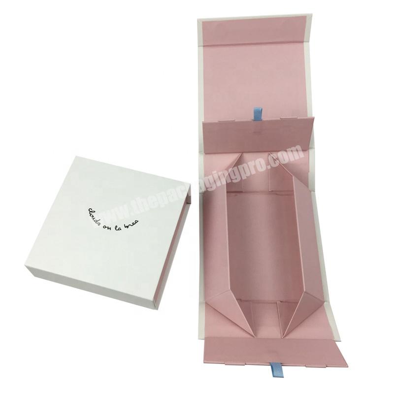 Luxury Flat Pack Folding Cardboard Paper Pink Boxes Christmas Candy Foldable M,agnetic Gift  Box With Ribbon Closure