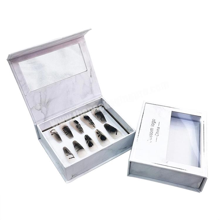 Luxury Hot Stamping Logo Bookshaped Clamshell Box Magnetic Closure Paper Press On Nail Packaging Box With Clear Window
