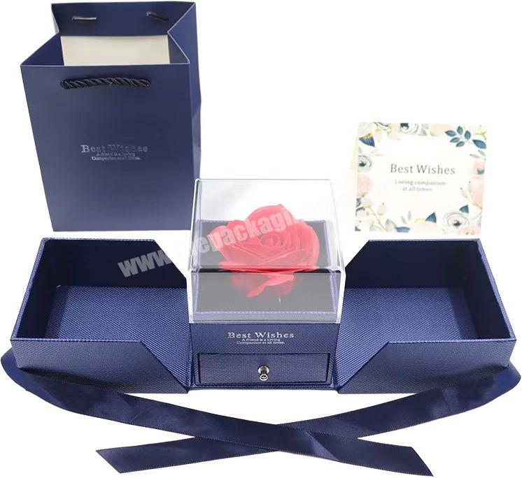 Luxury Paperboard Rose Preserved Flowers withe Jewelry Box Double Open Jewelry Surprise Gift Drawer Box with Artificial Rose