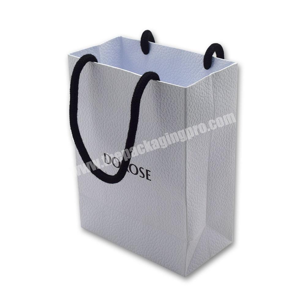 Luxury White Leatherette Paper Bag with Custom Black Foil Logo Clothing Cosmetics Perfume Cotton Handle Shopping Bag