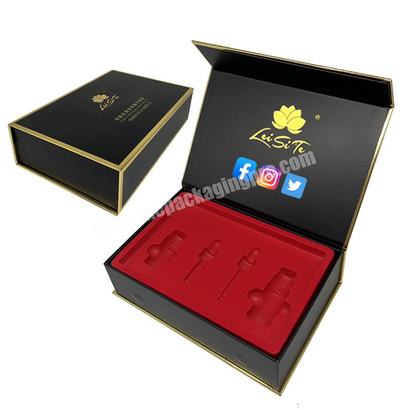 Luxury custom matte black cosmetic magnetic gift box for essence set bottle with plastic insert