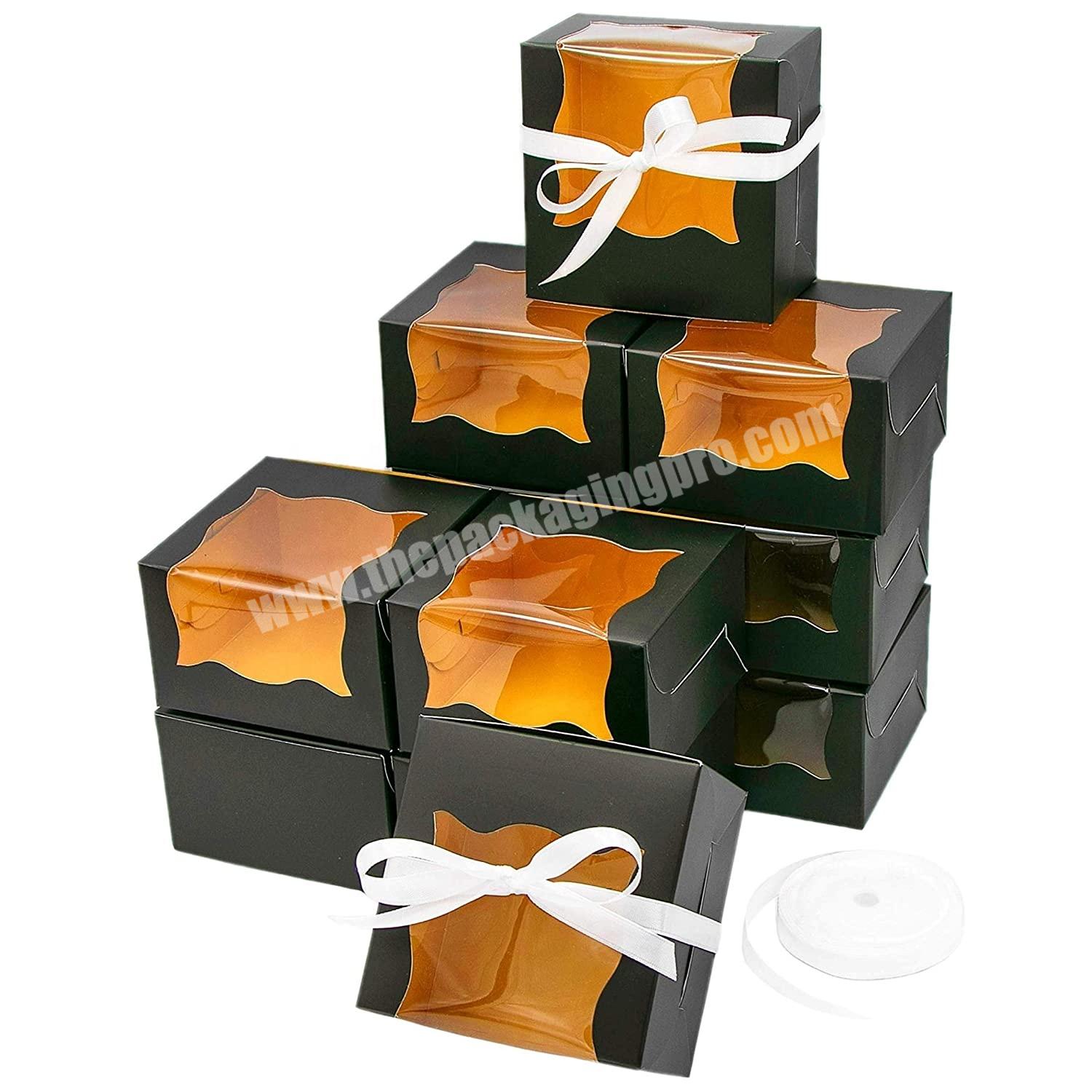 Matte Black Small Pastry Boxes with Window Bakery Boxes with Gold Interior for Thanksgiving or Christmas