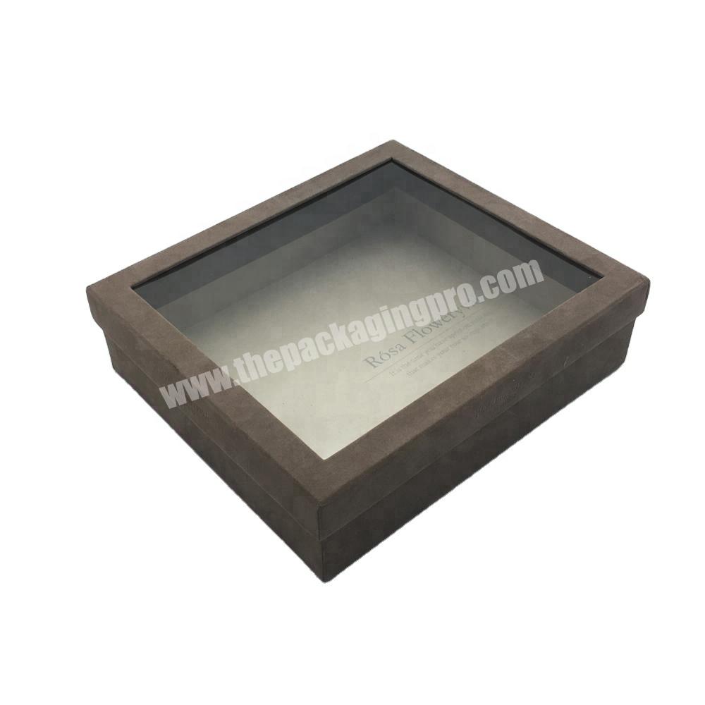Mother's day luxury transparent paper box for flowers empty flower gift packaging box with clear window square suede flower box