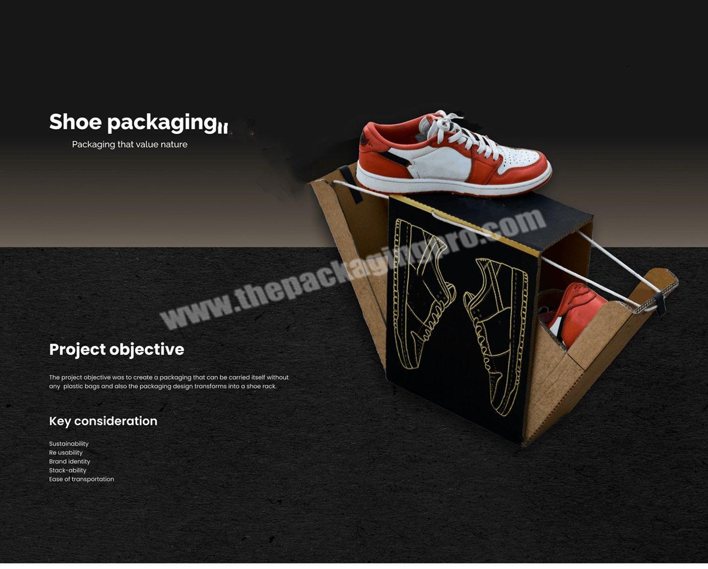 No Adhesive Eco-Friendly Carrier Recycle Kraft Paper Apparel Shoe Packaging Box With Drawstring
