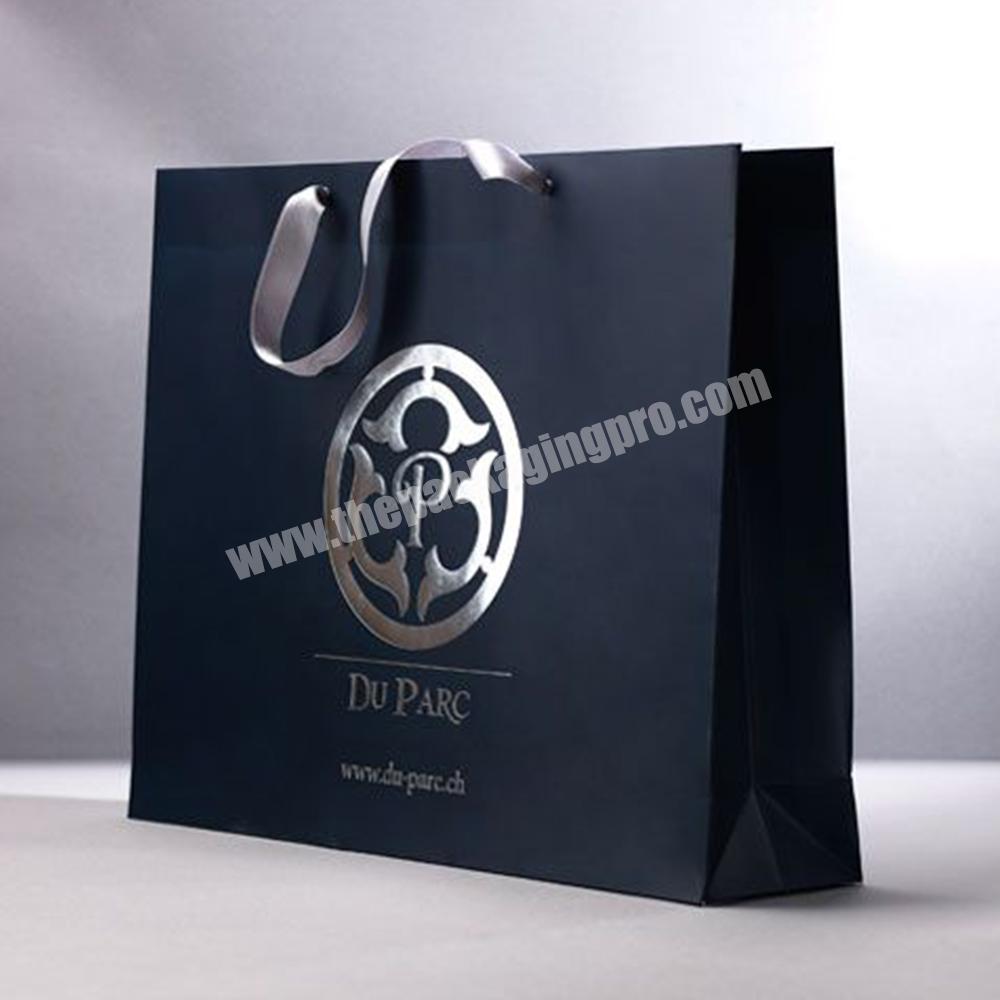 Personalized Private Label Luxury Black Apparel Packaging Gift Paper Shopping Bag With Silver Logo