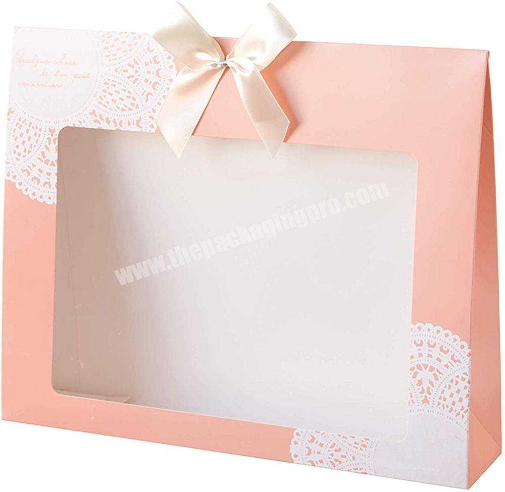 Pink romantic dessert cookie custom logo clear window ribbon newborn baby clothing set paper bags for clothes packaging