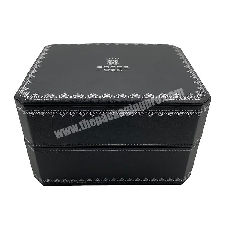 Premium Black PU Leather Wrist Watch Box Octagonal Plastic Watch Box with Logo Pattern