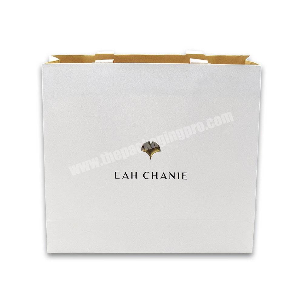 Reusable Shopping Paper Bag With Ribbon Handle Luxury Gold Foil Brand Logo Printed Clothing Garment Packaging Bag with