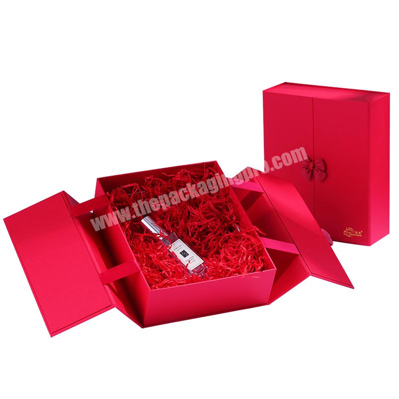 Shanghai custom double open red cardboard cosmetic packaging gift box magnetic bespoke cosmetics gift box set