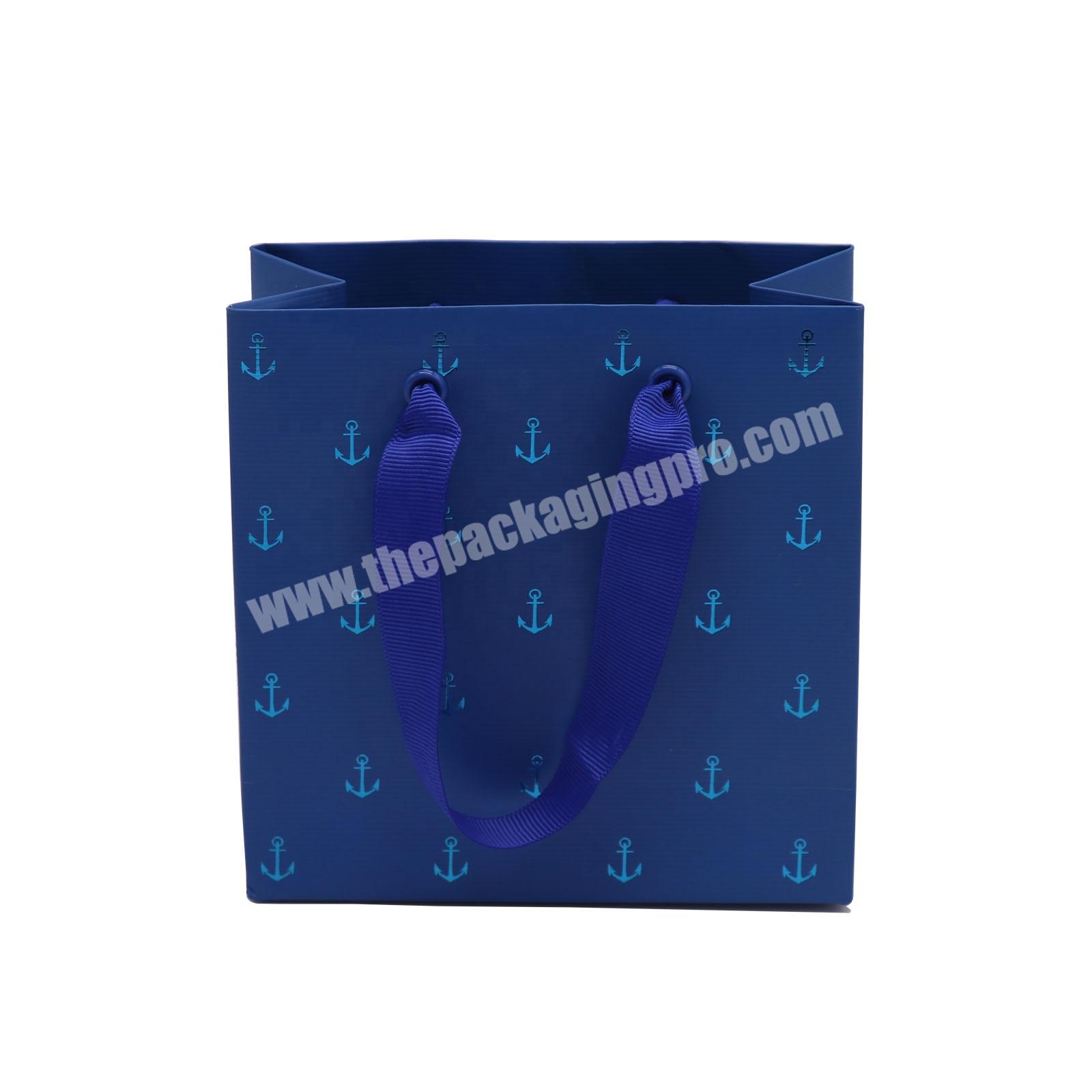 Small blue jewelry paper bags luxury foil stamping gift paper bags with handle custom mini paper bags