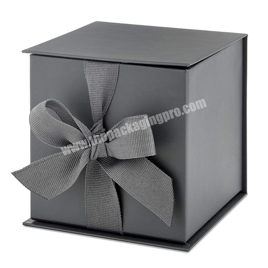 Small solid gray ribbon paper fill gift box for holding jewelry watch wrapped candies gift card candles perfume cologne