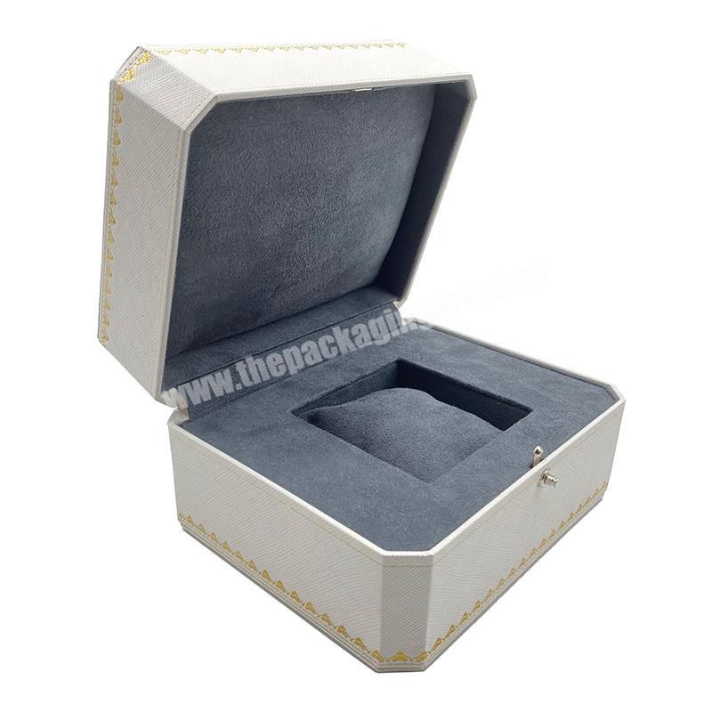 White Texured PU Leather Pocket Watch Box Octagonal Plastic Watch Box with Open Button