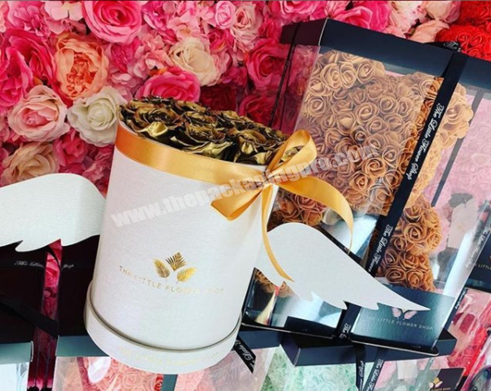 White round flower packaging paper cardboard hat preserved rose packing cylinder gold foil logo angle wings flower box with lid