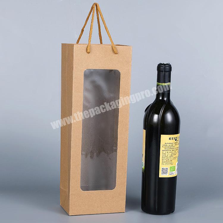 Wholesale Brown Kraft Paper Wine Bag With Window For Wine Bottle Custom Size Shopping Gift Bag