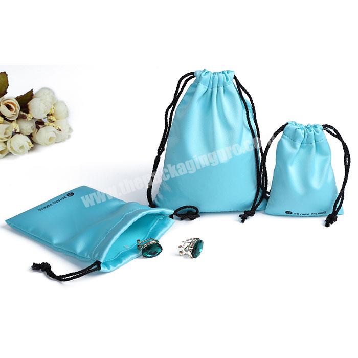 Wholesale Custom Professional Pretty Small Gift Drawstring Pouch Blue Satin Jewelry Bags