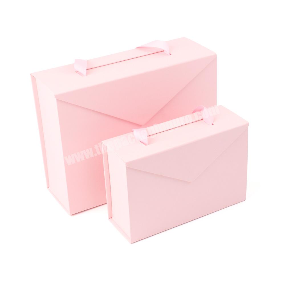 Wholesale Hair Extension Wigs Packaging Magnetic Closure Foldable Pink Gift Packaging Box with Ribbon Handle