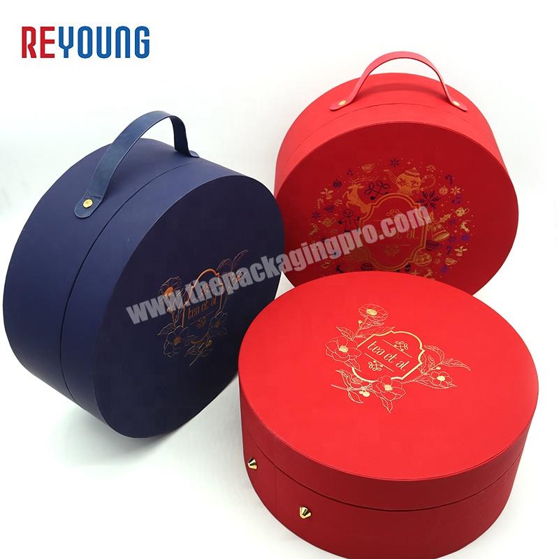 Wholesale Luxury Large Round Lid And Base Gift Boxes With Handle For Tea Set Packaging