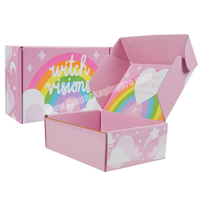 Wholesale luxury exquisite customized  gift  corrugated pink shipping packaging box with rainbow print