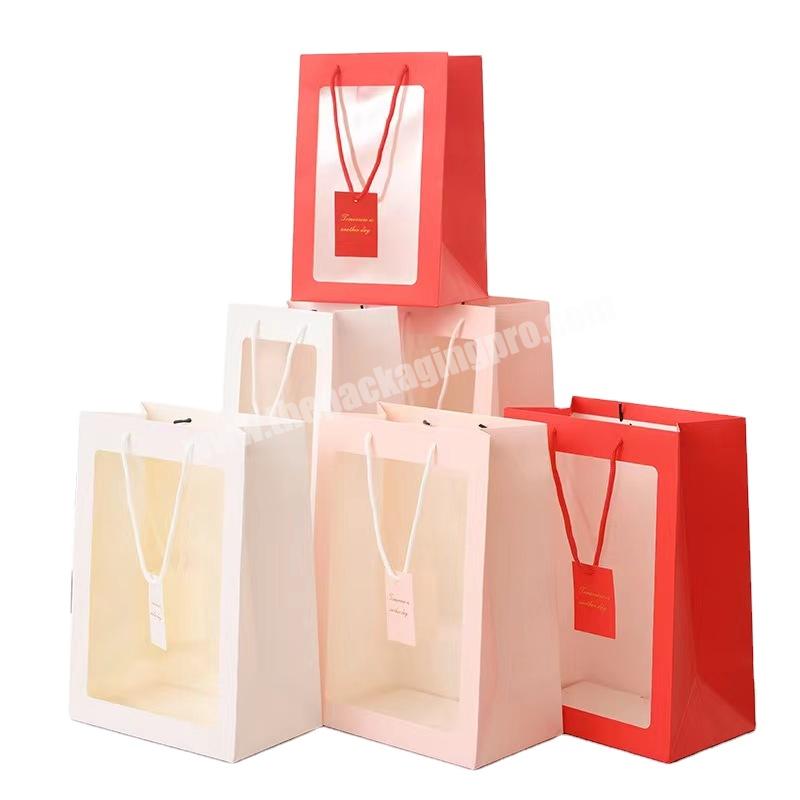 Window Gift Flower Paper Bag Transparent Fashion With Pvc Gift Packing Durable Drawstring Paperboard Custom Logo