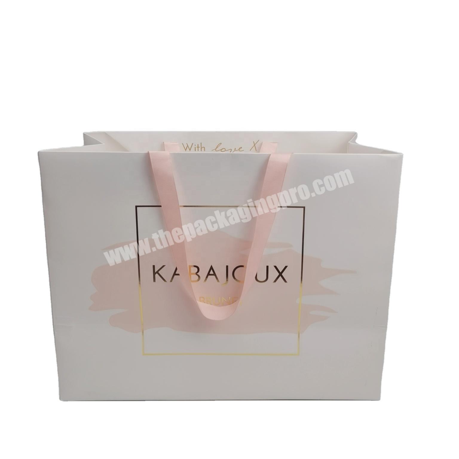hot sale gold foiled logo  gift custom paper bag with pink ribbon handle