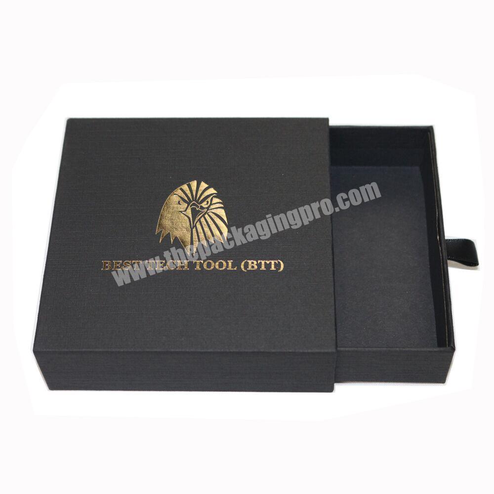 texture black with gold foil logo custom slide out shoe hair gift draw box package drawer paper box