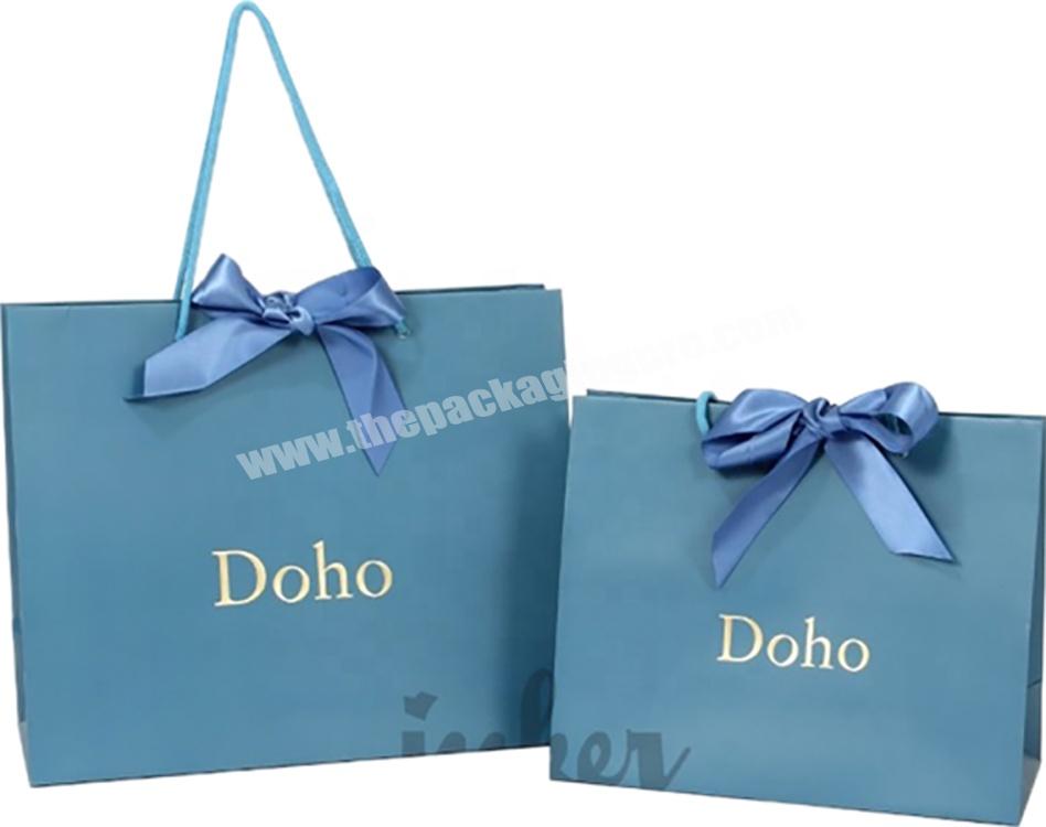 Accept Customized Stamping Gold Gift Packaging Paper Bags Matte Paper Bags with Rope Paperboard Recyclable Handle Small Blue