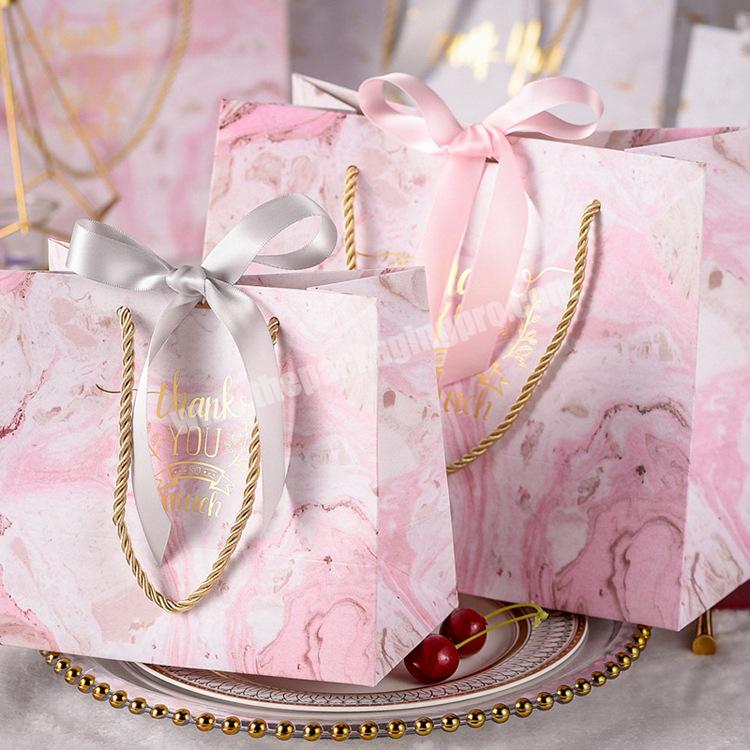 Birthday Wedding Favors Party Pink Marble Thank You Paper Bags With Ribbon Bow