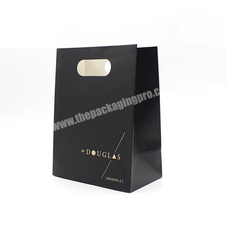 Black Custom Logo Print Gold Hot Foil Logo Die Cut Handle Black Plastic Paper Gift Bag With Ribbon Bow