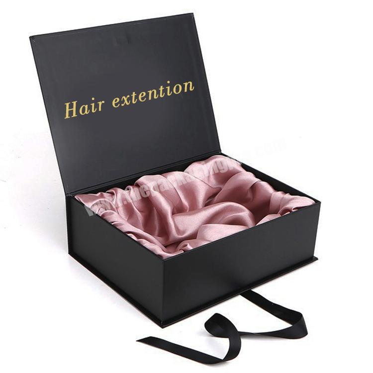 Black Hair Extension Custom Logo Luxury Cardboard Magnetic Folding Gift Box With Ribbon Closure