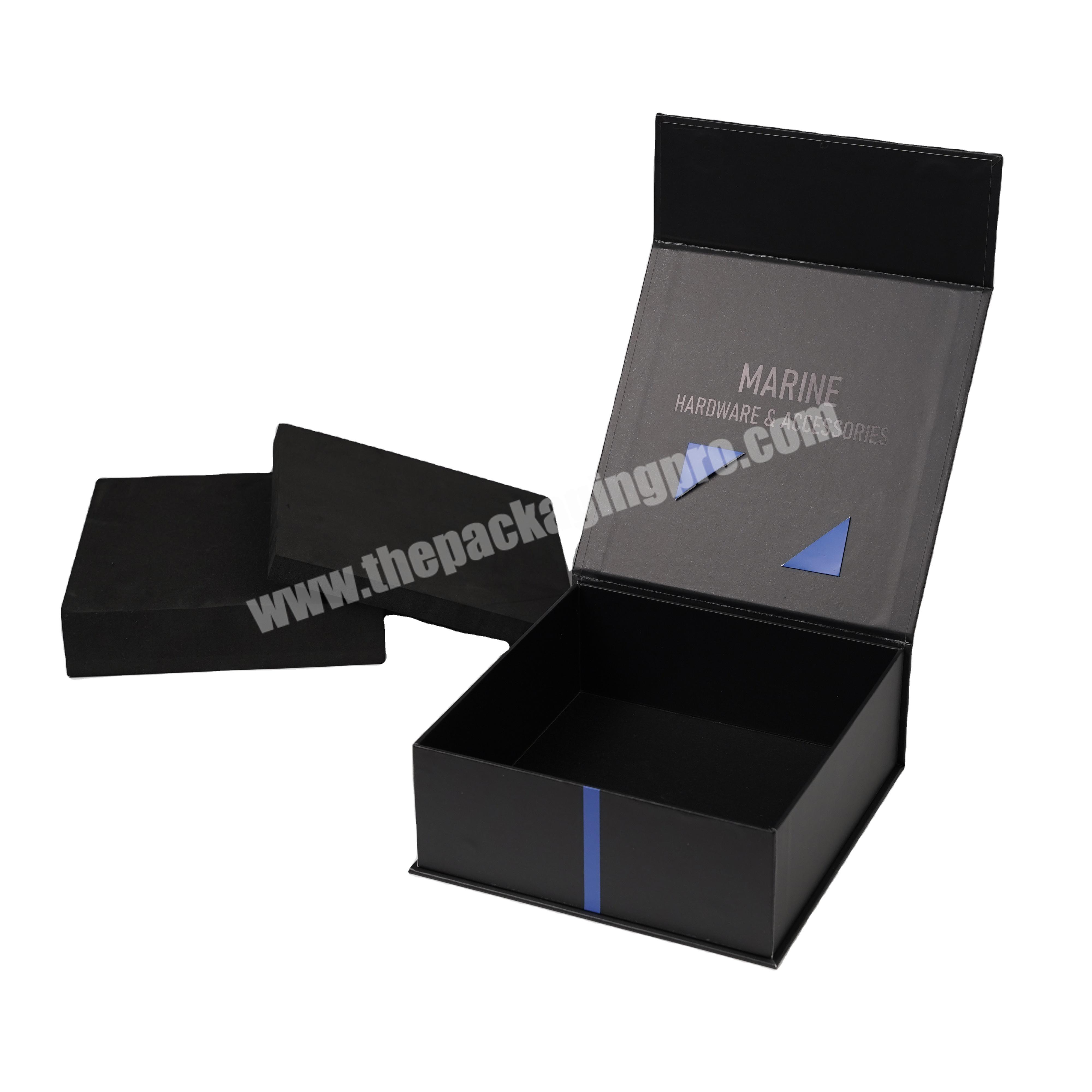 Black box with black stamping logo magnetic  cardboard boxes packaging box with eva insert