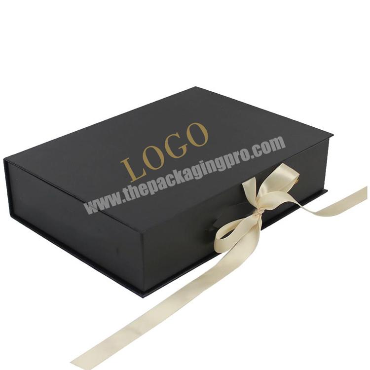 Custom Black Large Paper Square Cardboard Magnetic Lid Closure Collapsible  Gift Boxes Packaging Box Foam Insert With Ribbon