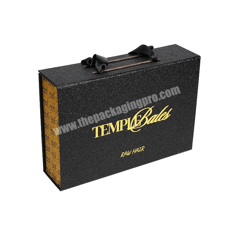 Custom Brand Logo  Black Magnetic Closure Paper Gift Box Clothing Ribbon Handle Foldable Clothing Packaging