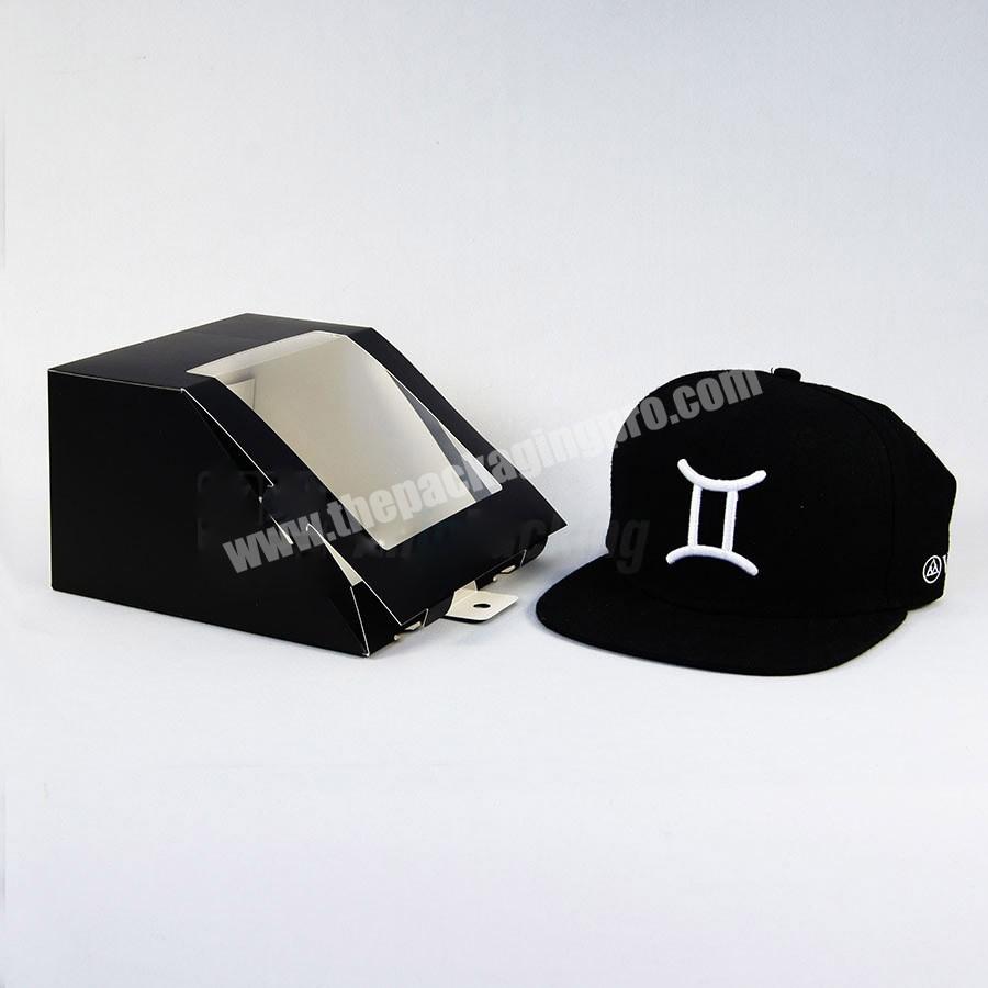 Custom Logo Bottom Lock PVC Window Black Paper Triangle Baseball Hat Box With Hanger