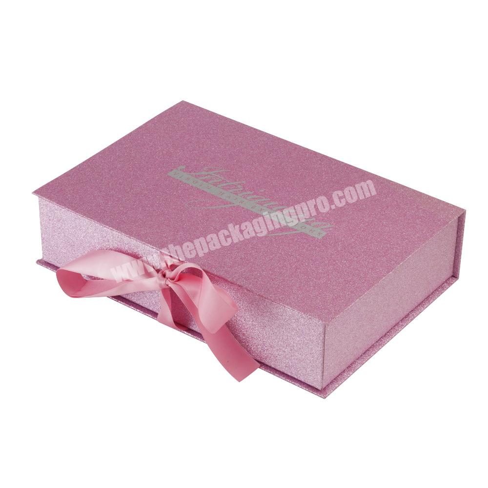 Custom Logo Printed Hard Cardboard Pink Ribbon Folding Luxury Rigid Packaging Large Magnetic Hamper Gift Box