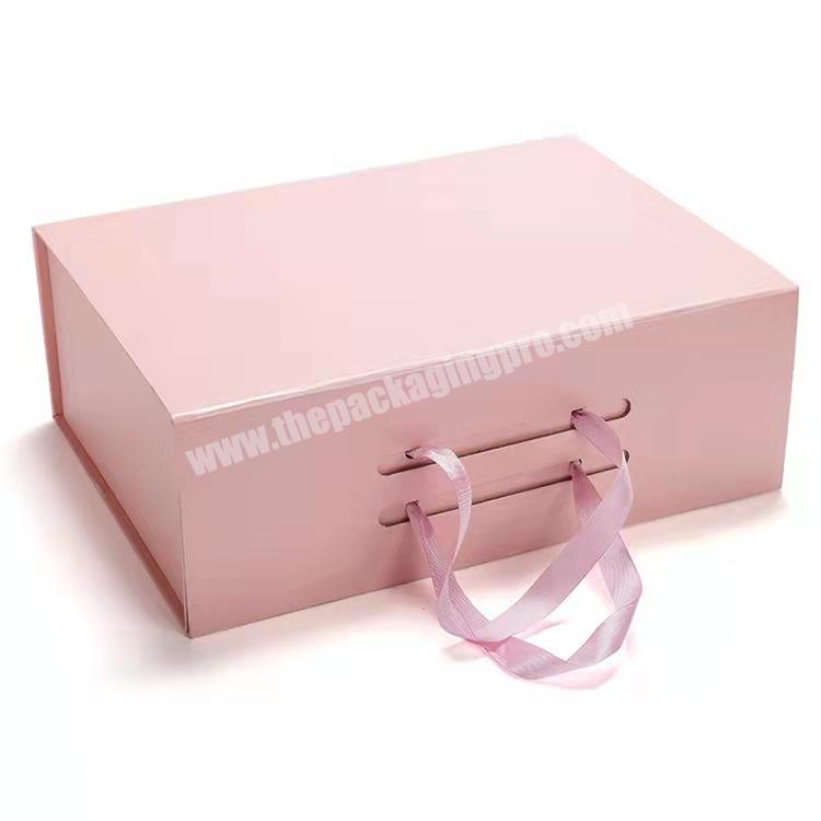Custom Logo Printed Hard Cardboard Pink Ribbon Rigid Folding Luxury Packaging Large Magnetic Hamper Gift Box