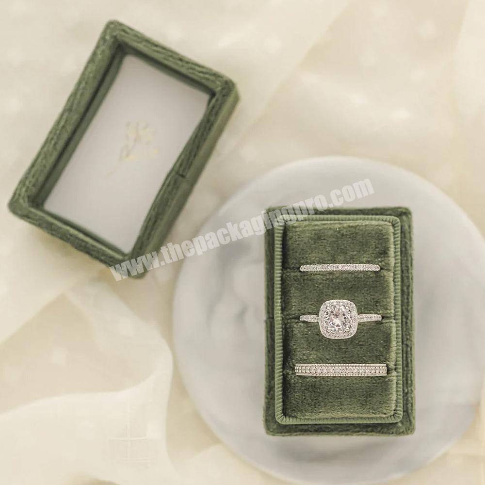 Custom Logo Triple Slot Rectangle Ring Box for Wedding Ring Wedding Ceremony Jewelry Box Packaging Wedding Gift Velvet Ring Box