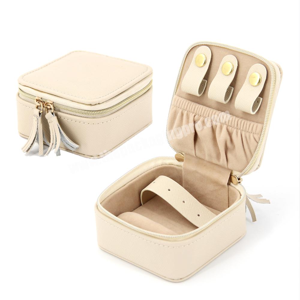 Custom Outdoor Travel Portable Multifunction Zipper PU Leather Velvet Jewelry Box Ring Earrings Small Jewelry Storage Case Box