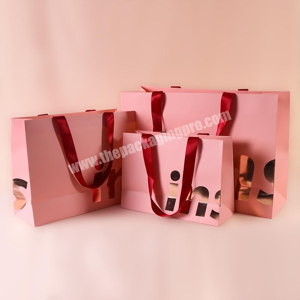 Custom Print Wedding Logo Sealed Cute Small Handle Carry Pink cute Paper Packaging Bags With Ribbon