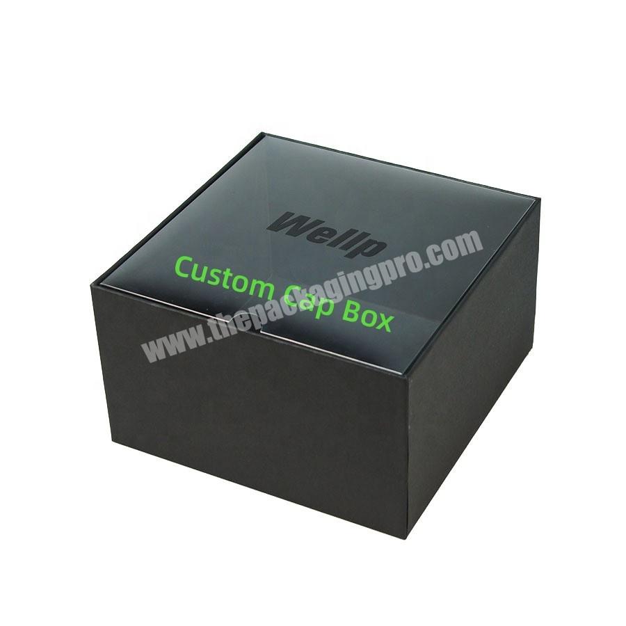 Custom Printing Matt Black Hat Shipping Box Cardboard Kraft Paper Baseball Cap Packaging Cap Box With Clear Window