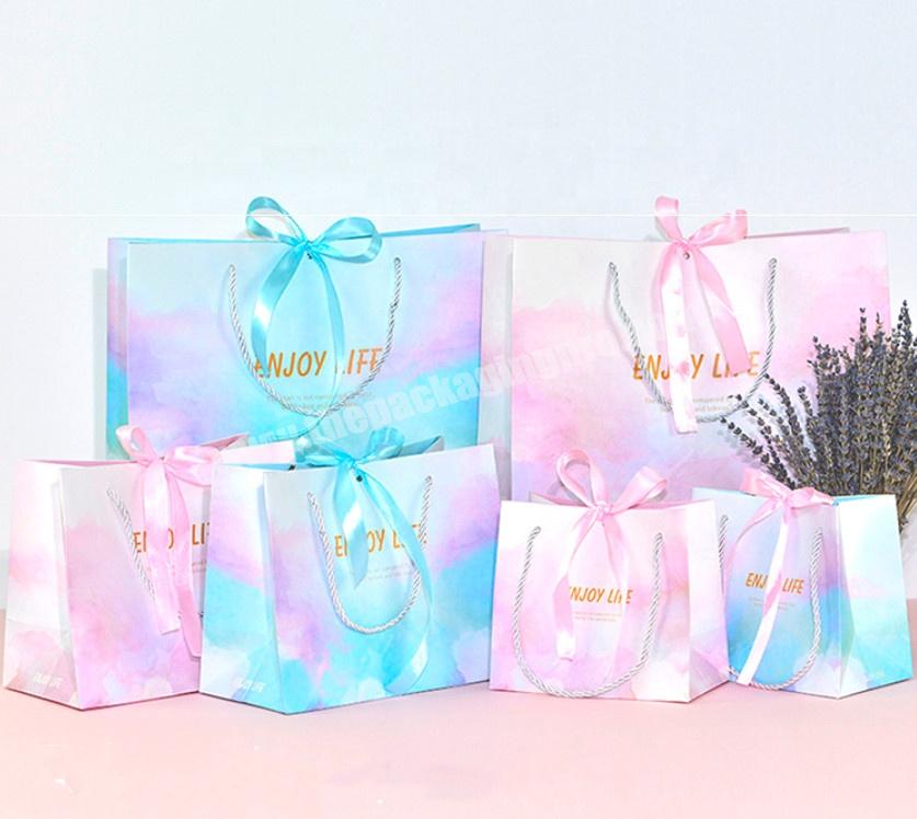 Custom Private Logo Stock Garment Luxury Shopping Bags Pink Wedding Gift Paper Bag With Ribbon Closure