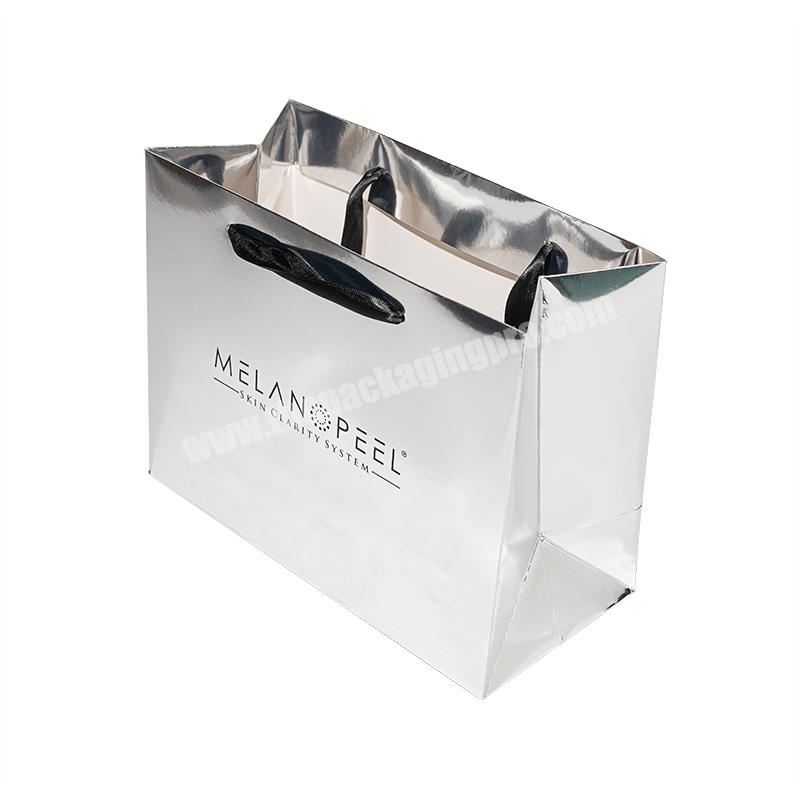 Custom Size Color Logo Printing Handle Bag Eco Friendly Wholesale Beautiful Silver Cosmetic Paper Packing Bag