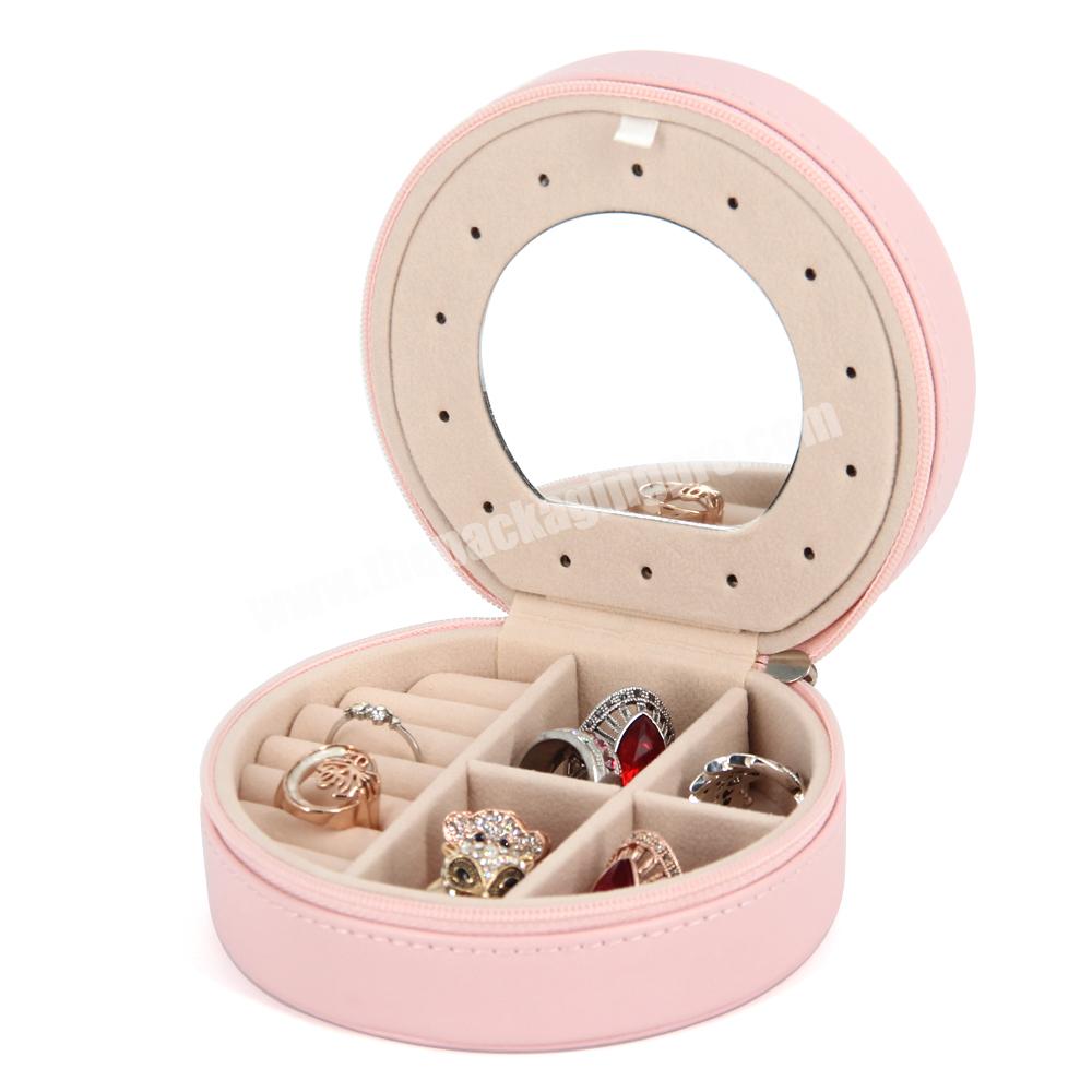 Custom jewelry box packaging inserts with mirror luxury zipper leather travel set jewelry storage box organizer pink jewelry box