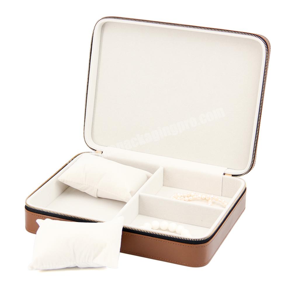 Custom luxury pu leather light brown velvet jewelry box storage case leather travel packaging jewelry shipping jewelry watch box