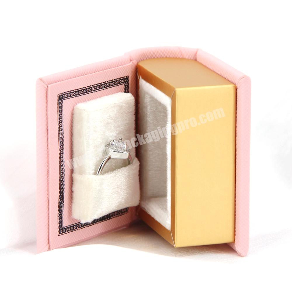 Custom ring book box jewelry ring packaging pink gift box jewelry packaging with cotton filled luxury creative mini jewelry box