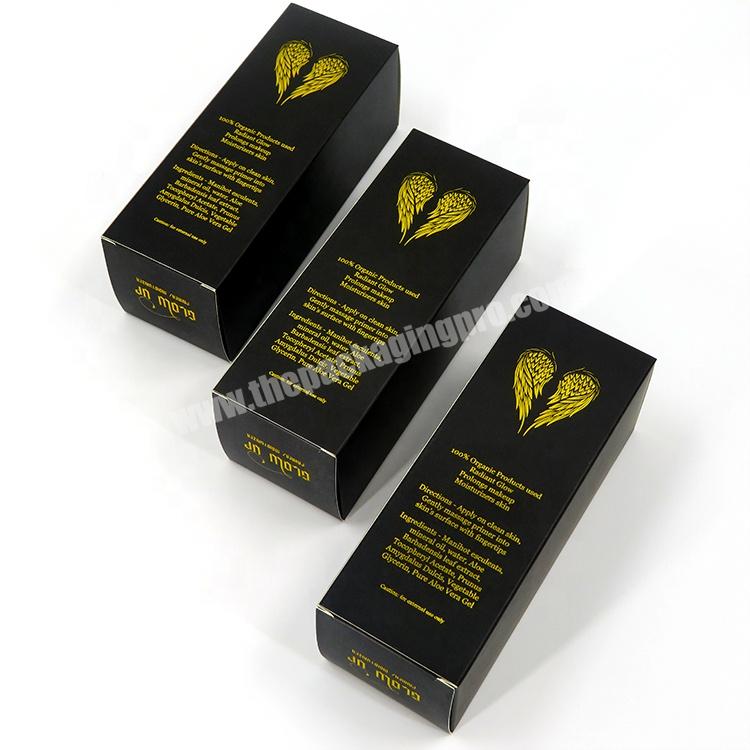 Customized Luxury Logo Black Paper Box Cosmetics Product Packaging Boxes With Beautiful Gold Stamping Wings Wholesale