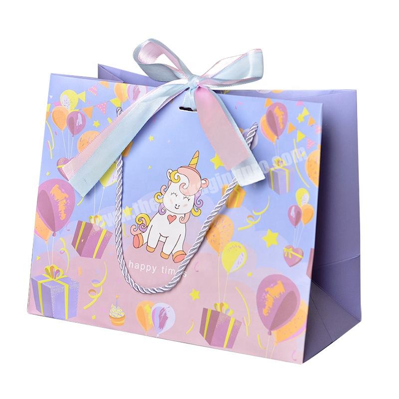 Cute Colorful Unicorn Party Gift Paper Bag With Double Ribbon Luxury Gift Stationery Packaging For Kids