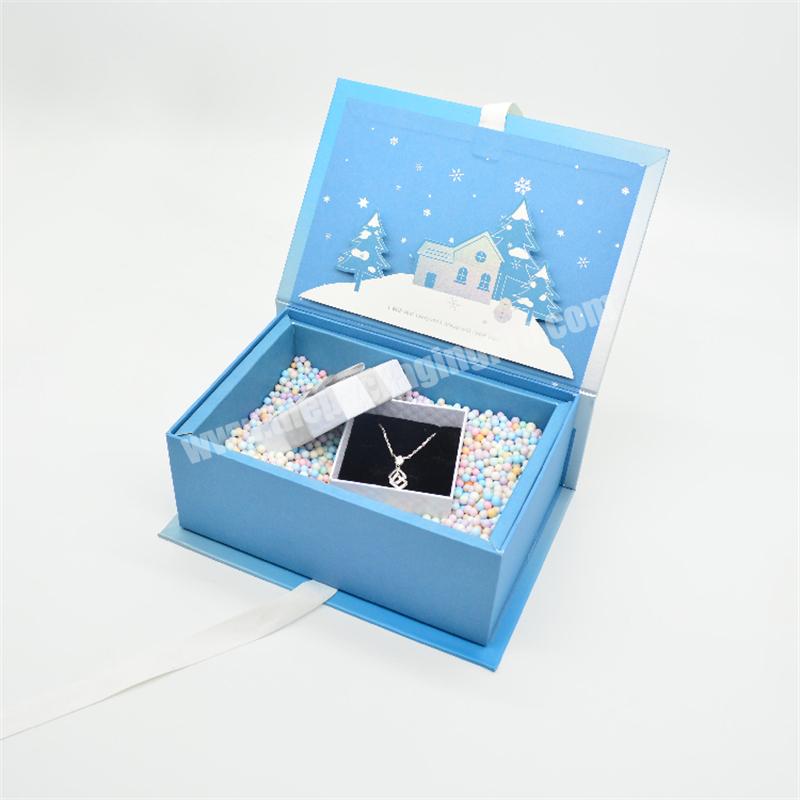 Deluxe Sturdy Blue Folded Cardboard High Quality Gift Cardboard Packaging Box With Ribbon