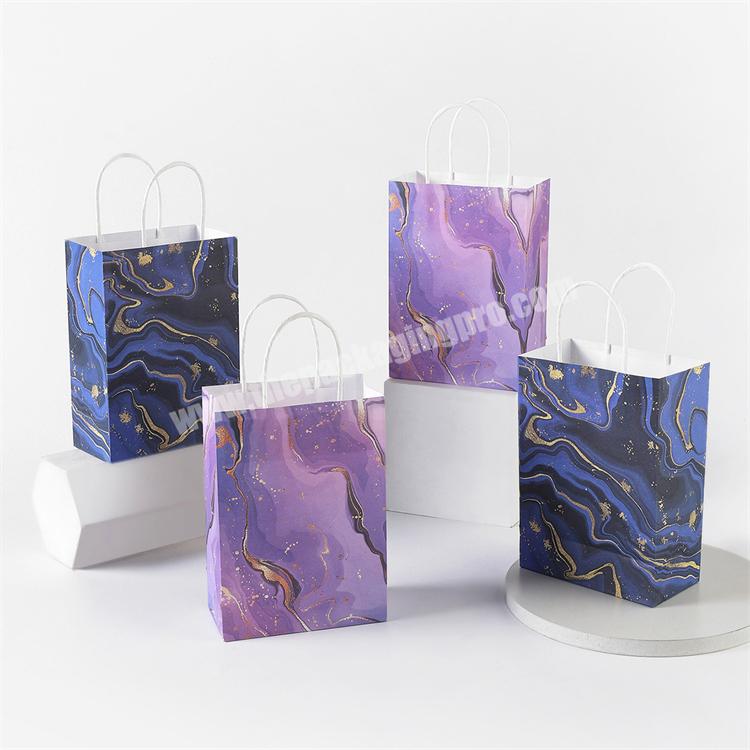 Eco Friendly Small Blue Purple Marble Gift Bags Party Birthday Crafts Shopping Kraft Paper Bags